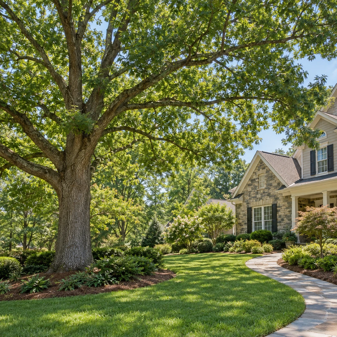 Retained shade tree beside a landscaped lawn path