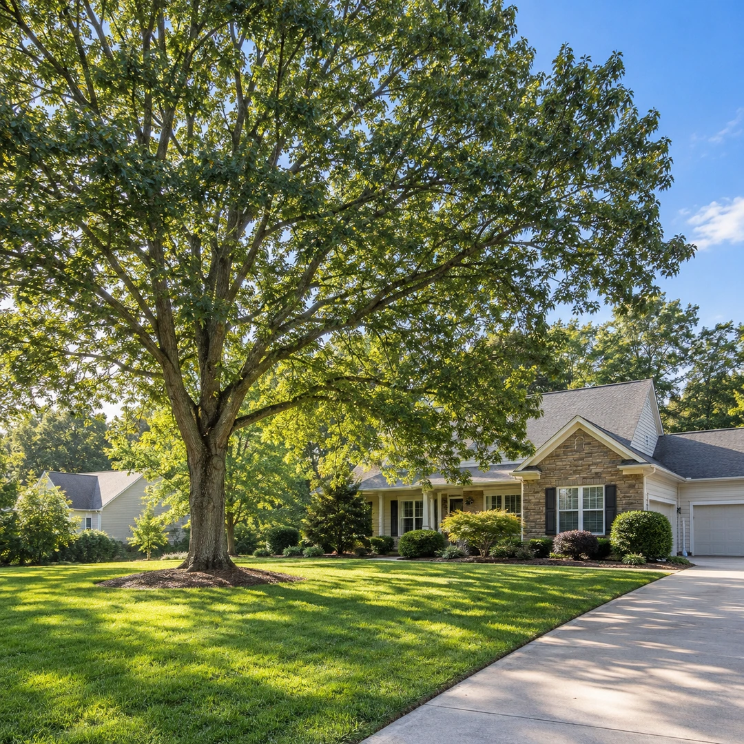 Mature shade tree beside a house and driveway
