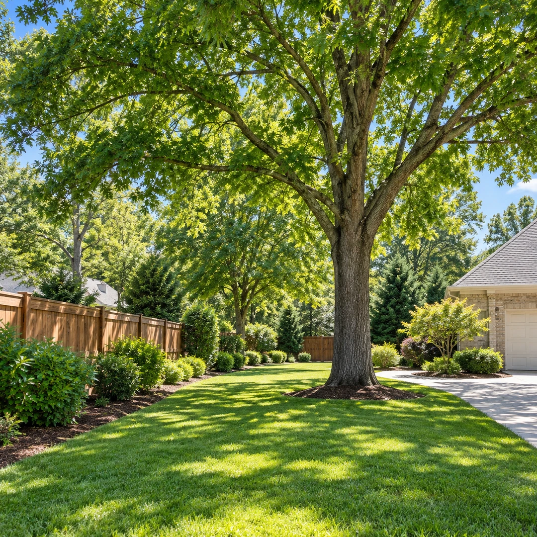 Mature shade tree beside a clear side lawn and driveway