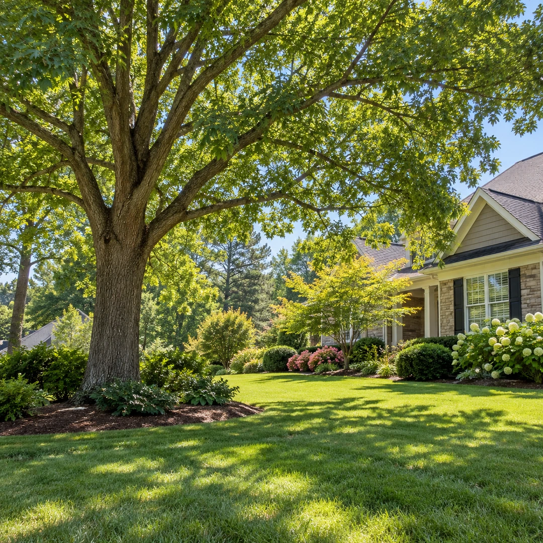 Balanced shade tree casting dappled shade on lawn