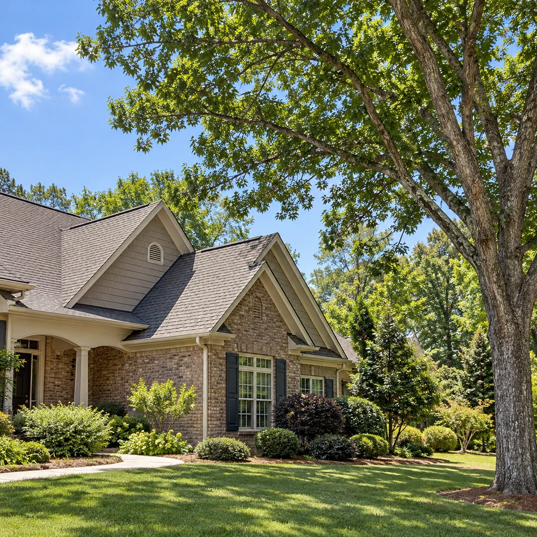 House roofline beside a mature tree with lawn access
