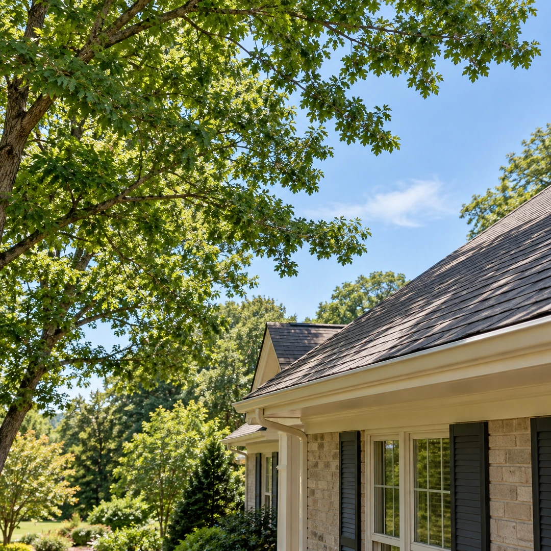 Clear gap between leafy branches and a shingled roof edge
