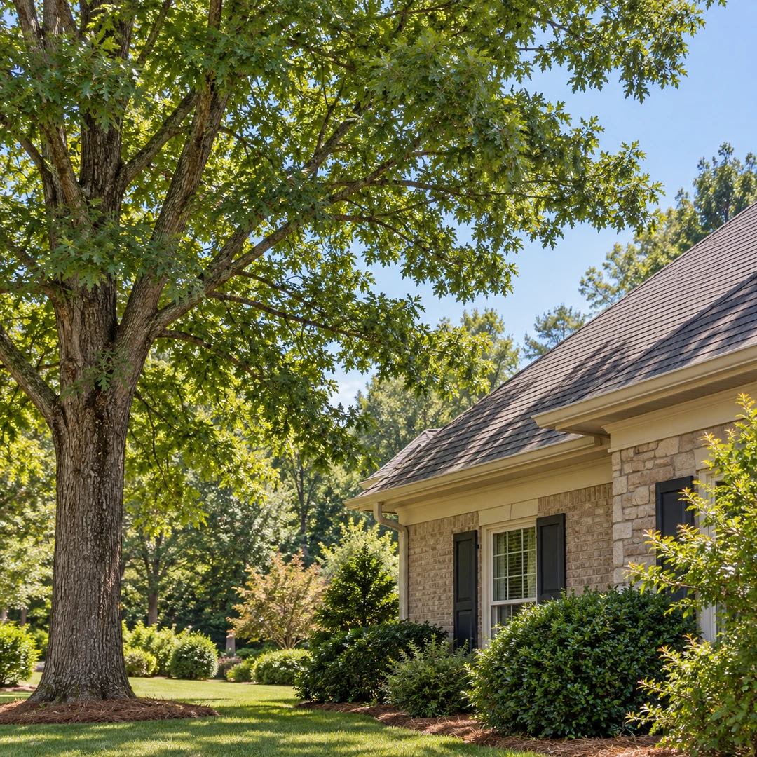 Healthy tree branches spaced from a roof and gutter