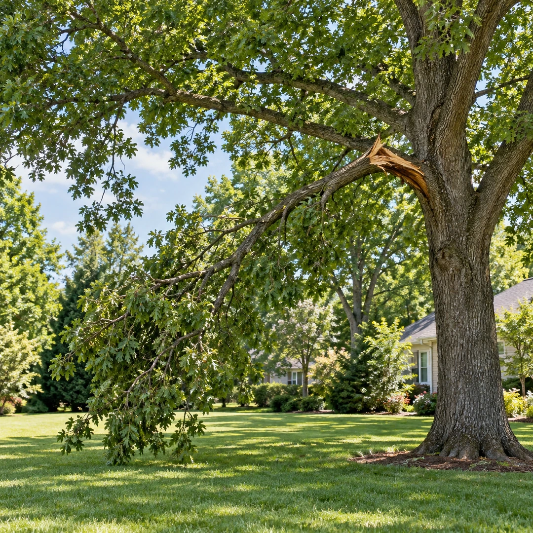 Storm cracked lateral limb hanging above an empty lawn
