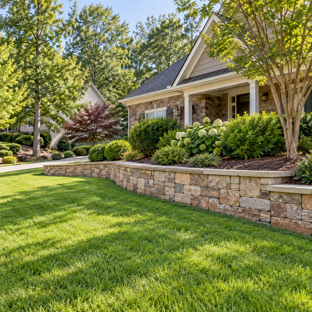Low stone wall beside a gently sloping suburban lawn