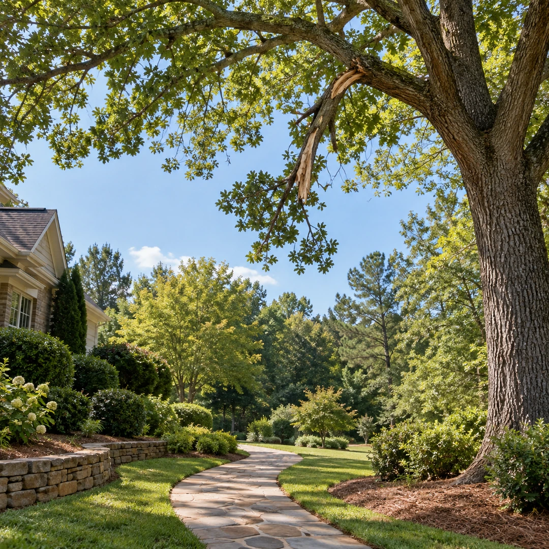 Empty lawn path beneath a hanging broken limb