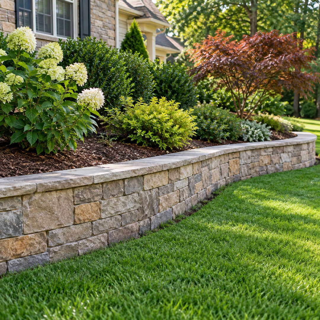 Short curved retaining wall above a planted garden edge