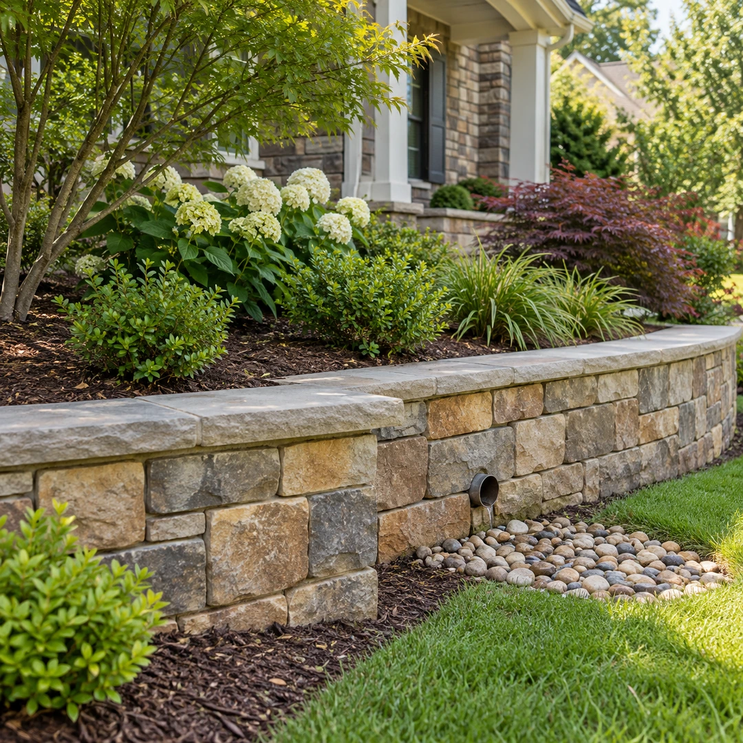 Capped garden wall with an outlet above a stone bed