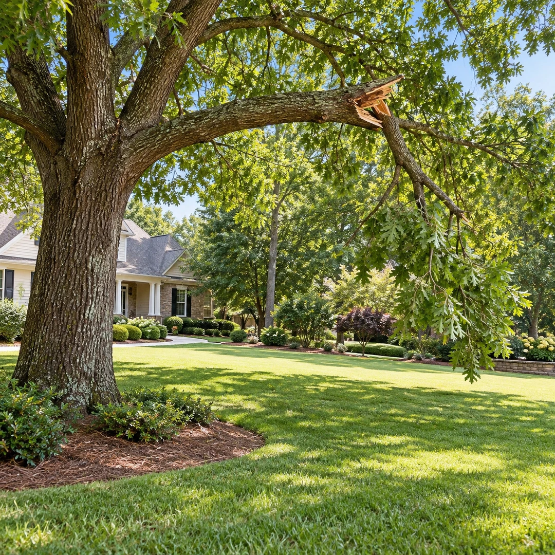 Cracked hanging branch above a clear suburban lawn