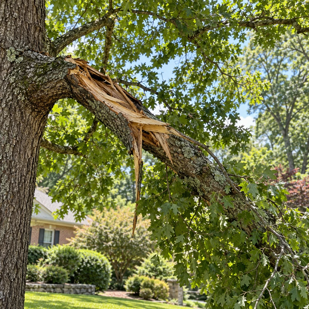 Storm split lateral branch hanging in a leafy canopy
