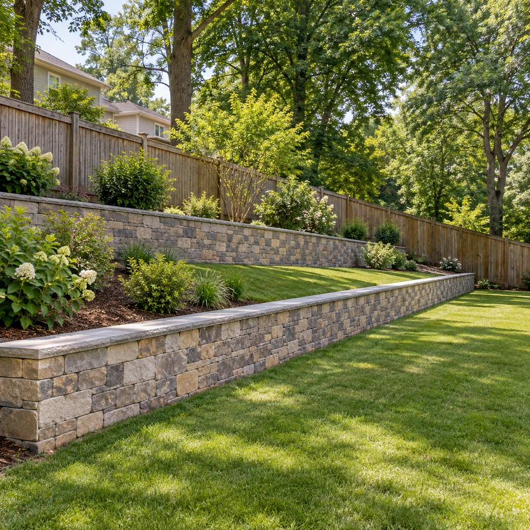 Two low masonry terraces beside a yard slope