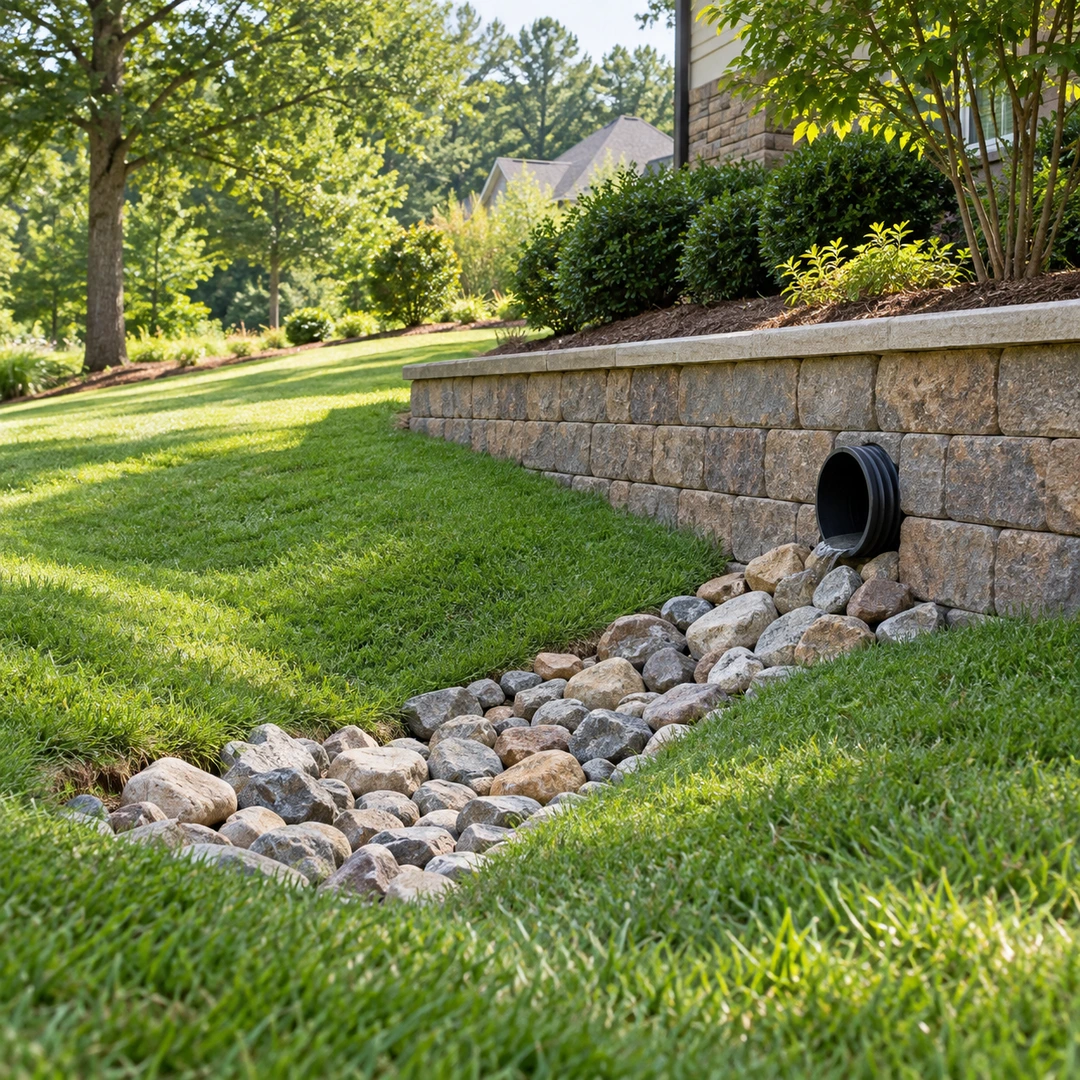 Retaining wall outlet above a rock protected receiving swale