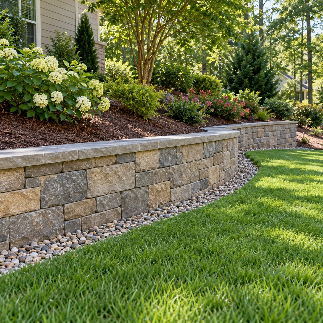 Finished garden wall with mulched shrubs and lawn