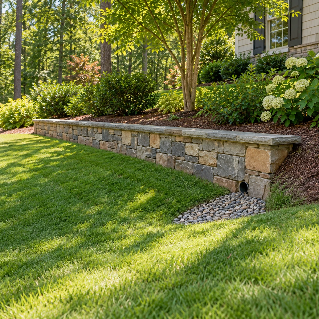 Low wall supporting soil and shrubs above grass