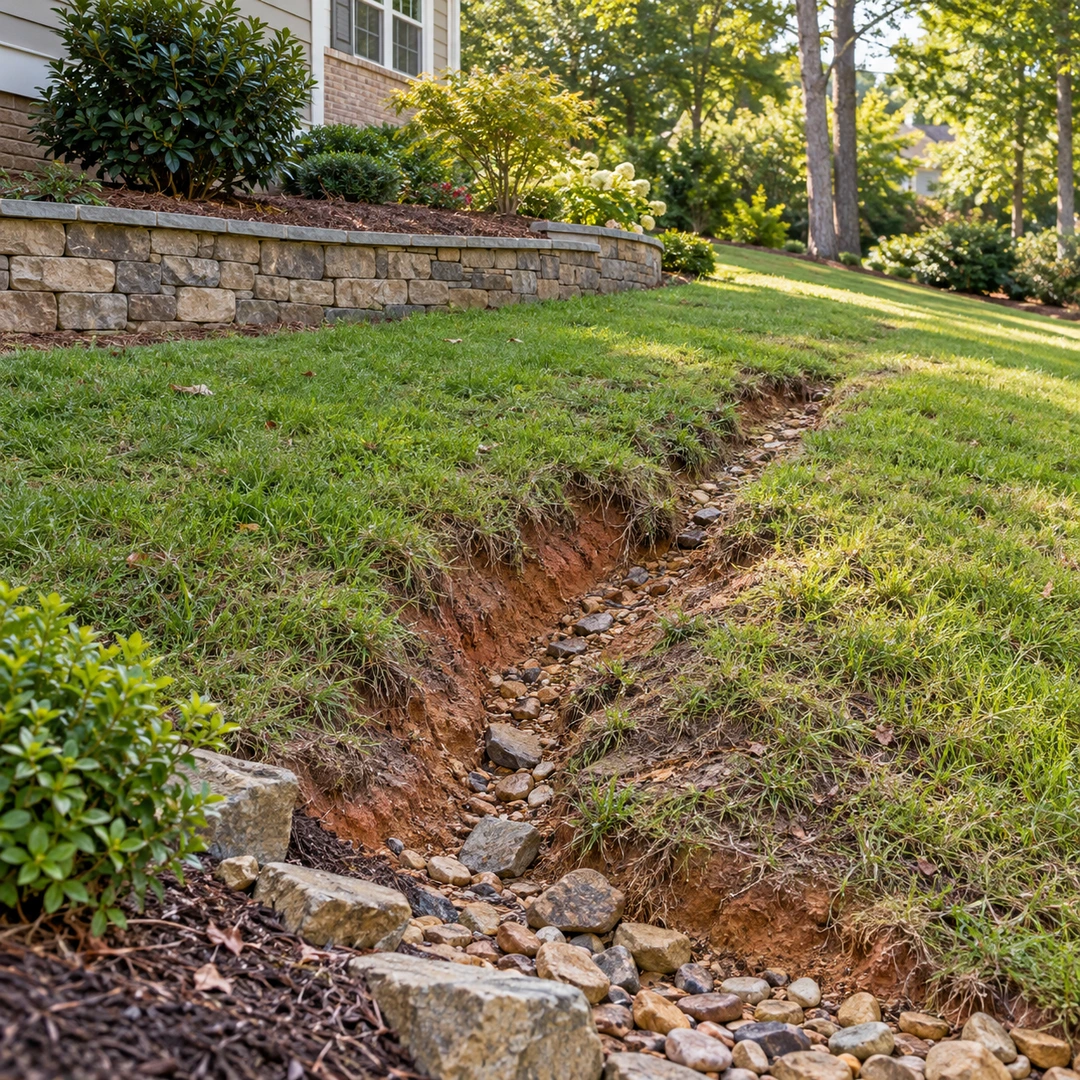 Shallow erosion groove exposing soil on a lawn slope