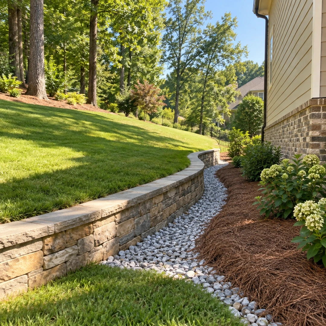 Low retaining wall beside a lawn slope and gravel drainage route