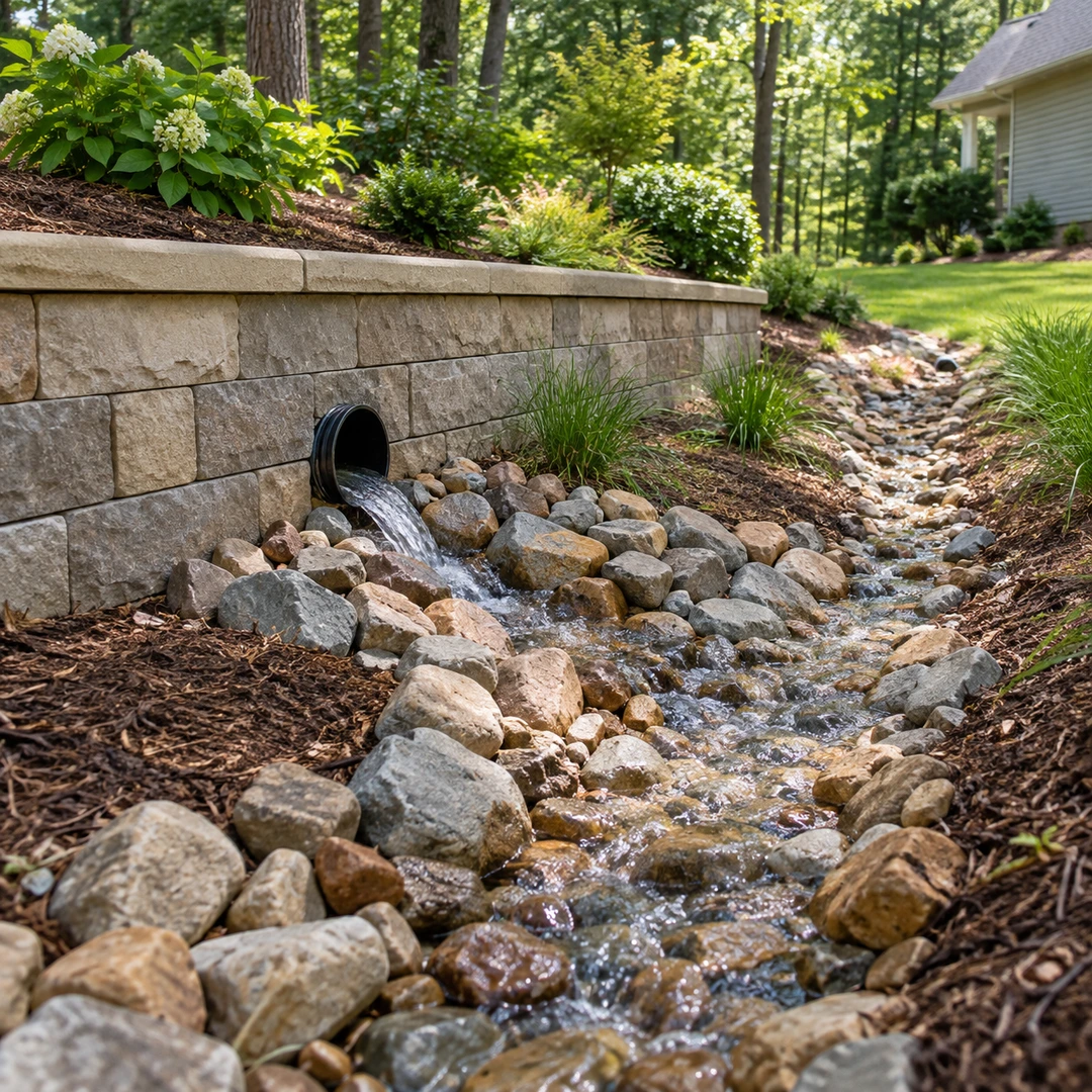 Rainwater flowing from a wall outlet through a rock lined swale