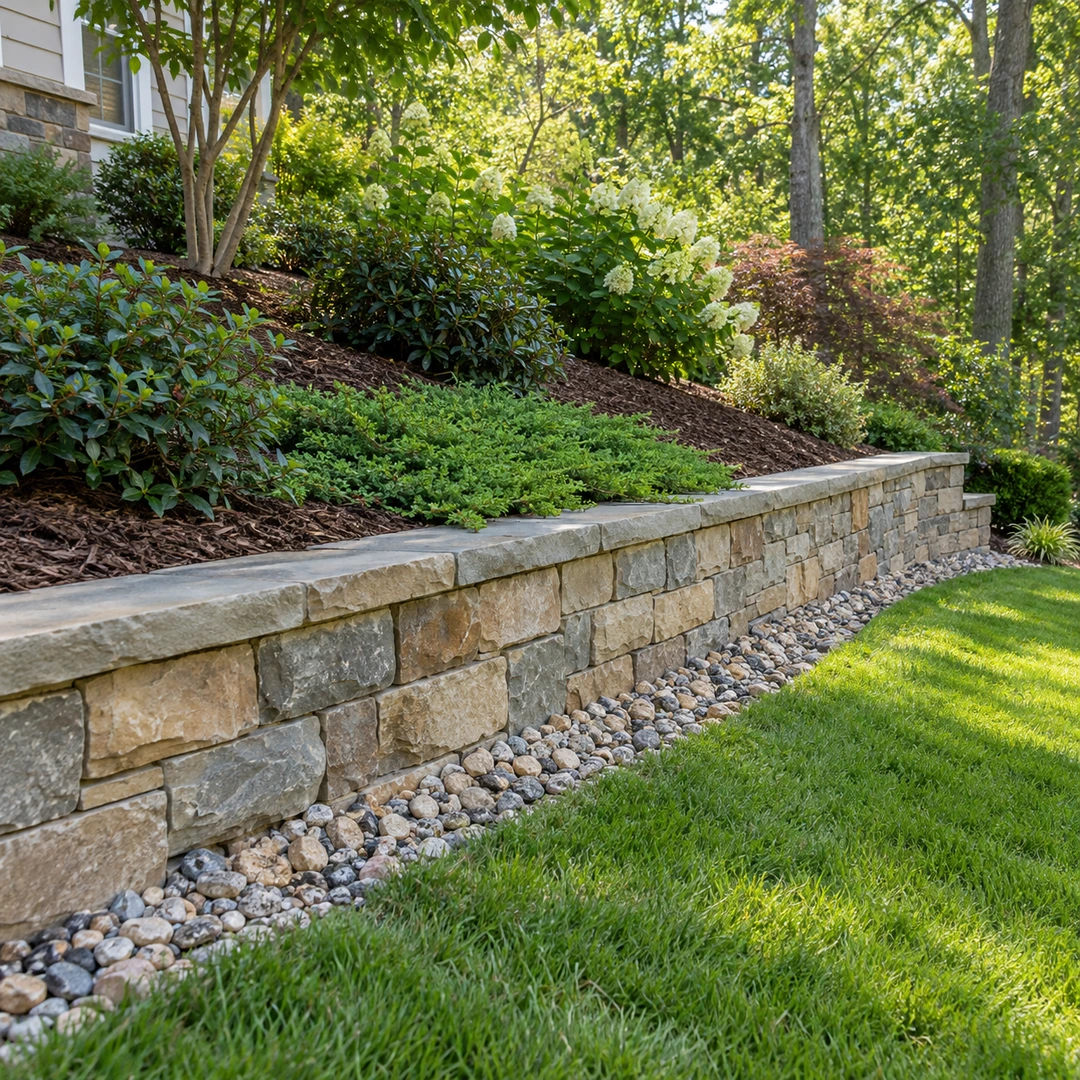 Ground cover and mulch protecting soil above a stone wall
