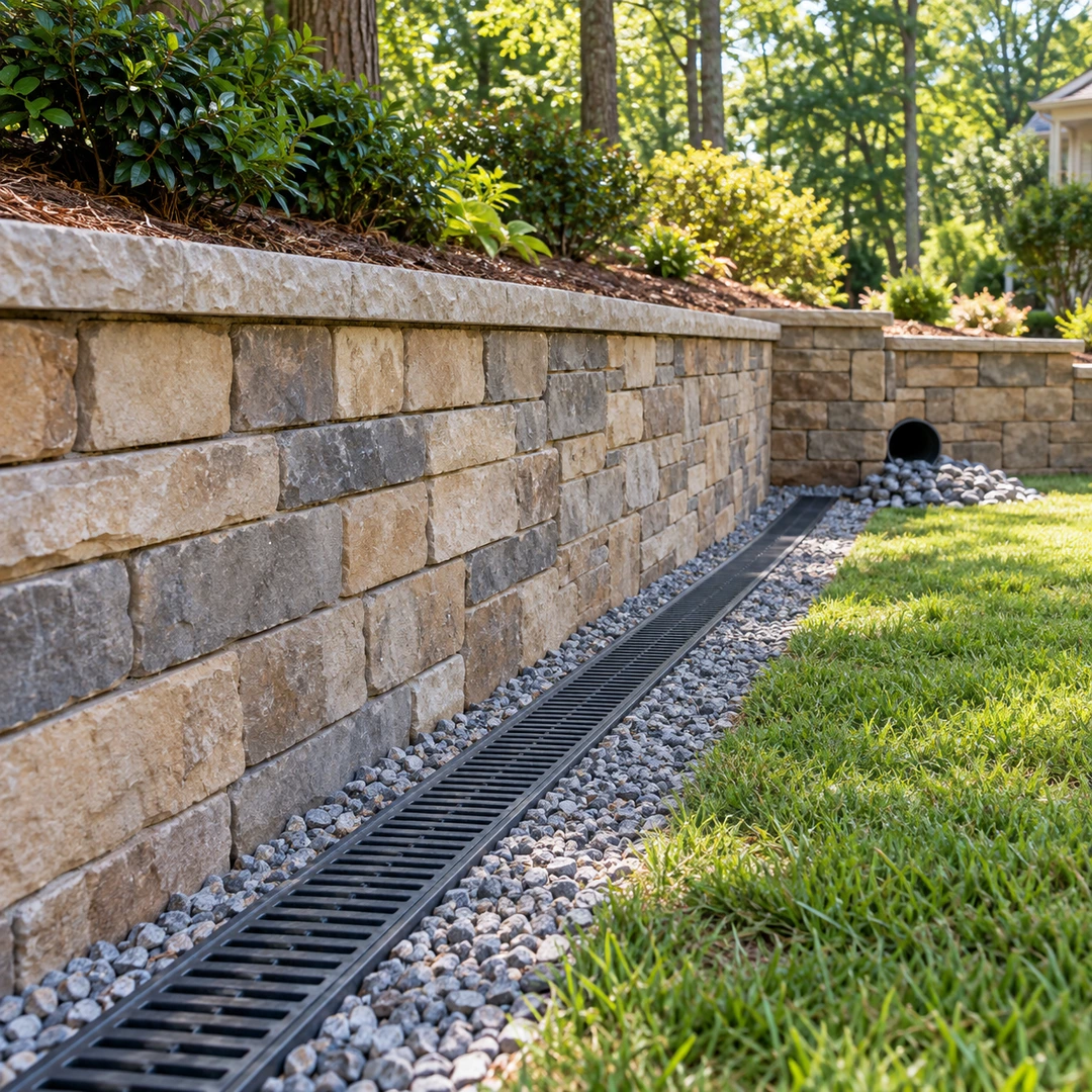 Grated surface channel drain beside a wall and separate pipe outlet