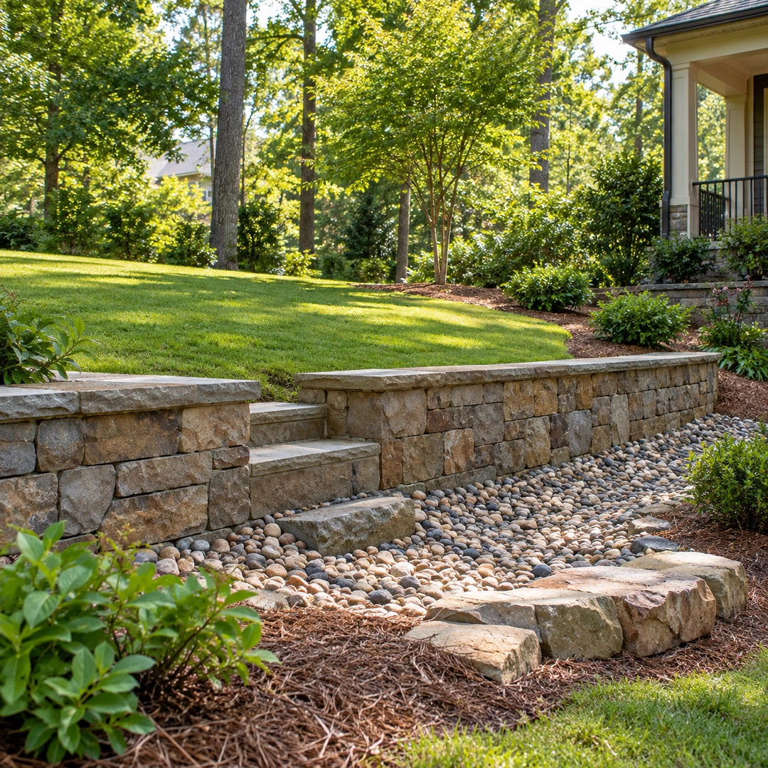 Low retaining wall beside open lawn and a stone receiving bed