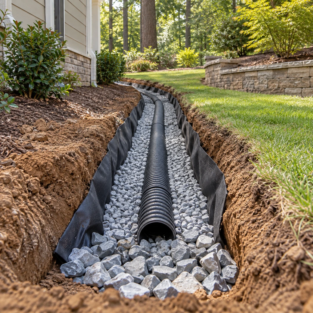 French drain trench with pipe bedded in gravel and filter fabric