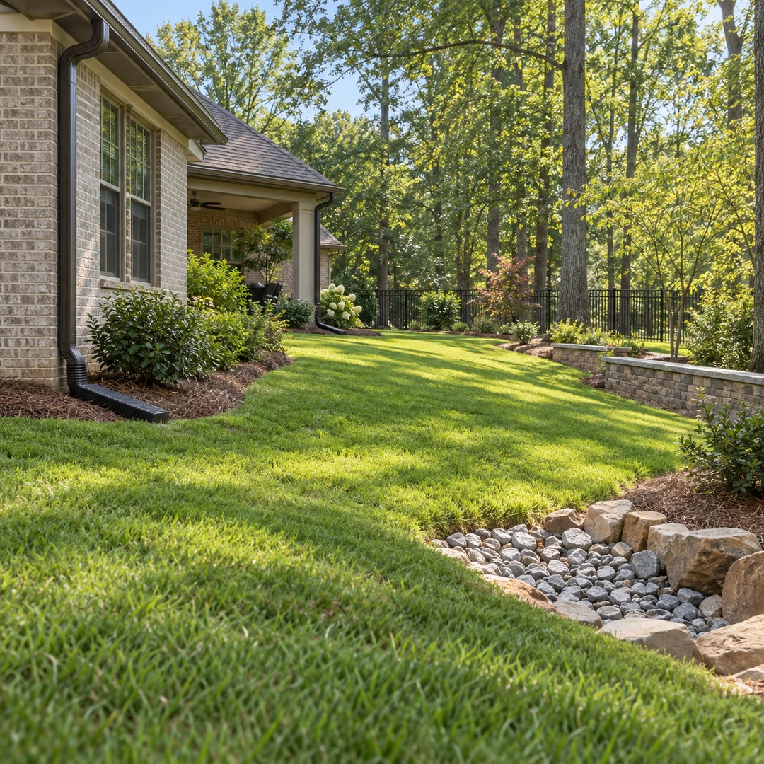 Gentle backyard grade leading toward a stone receiving area