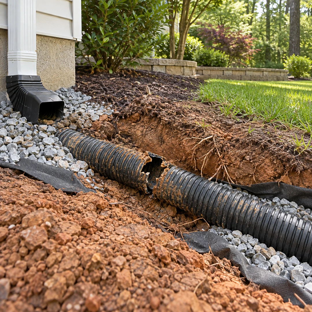 Broken corrugated drainage pipe exposed near a downspout