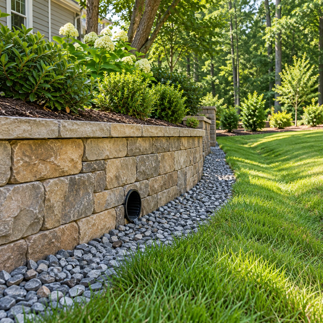 Clear gravel channel leading away from a wall outlet