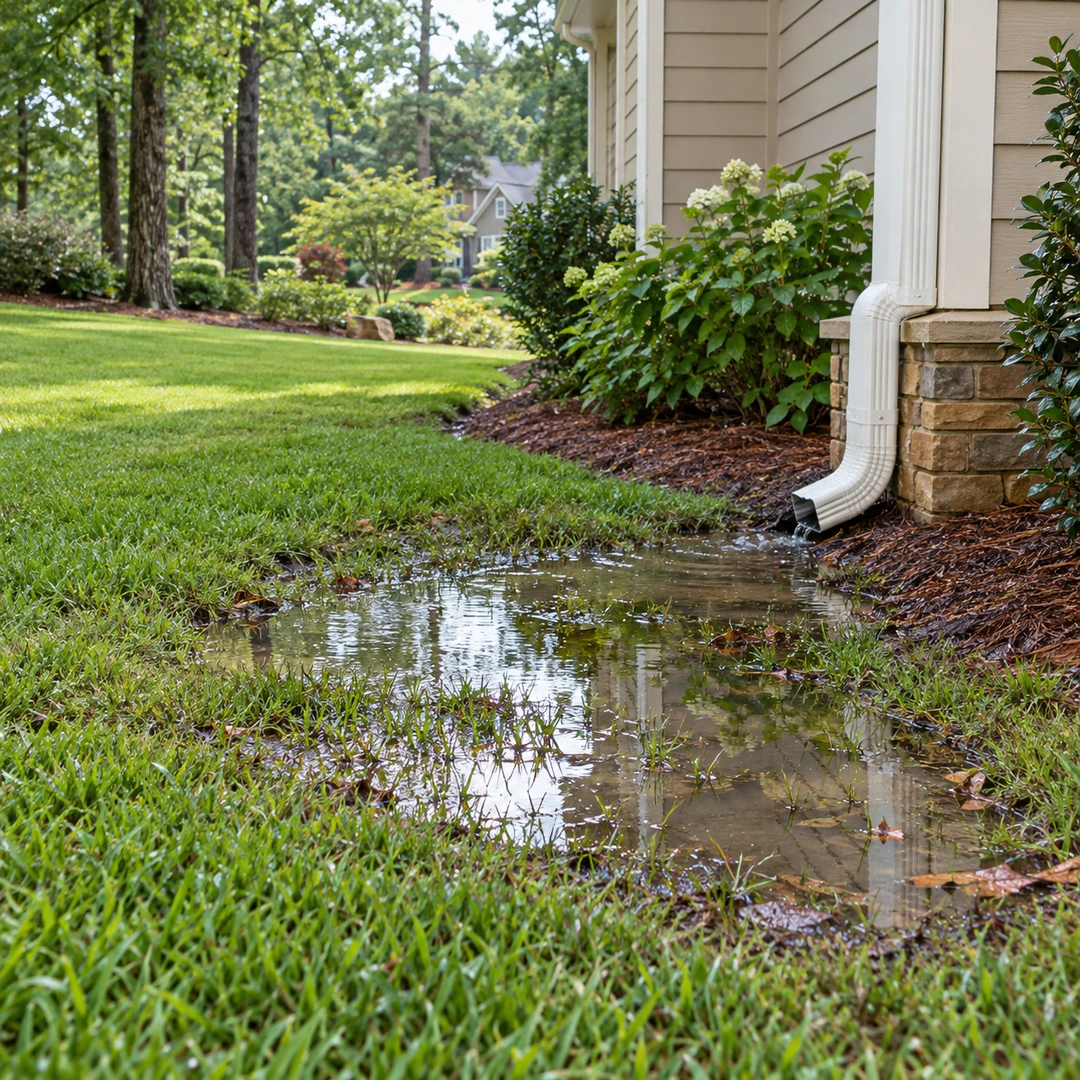 Shallow rainwater pooling beside a downspout and house