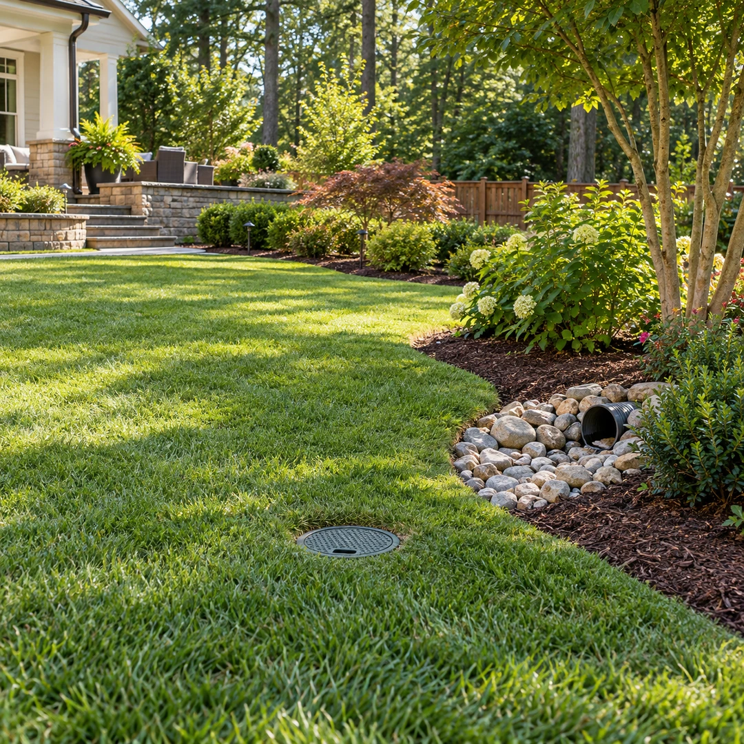 Flush lawn drain access cover near a stone protected outlet