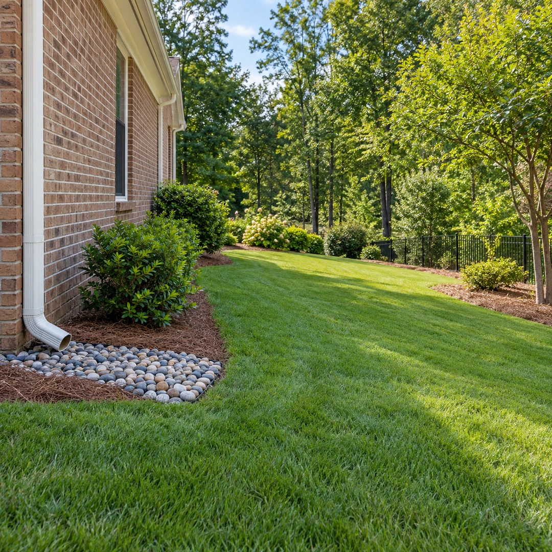 Side lawn with downspout and gentle grade away from a house