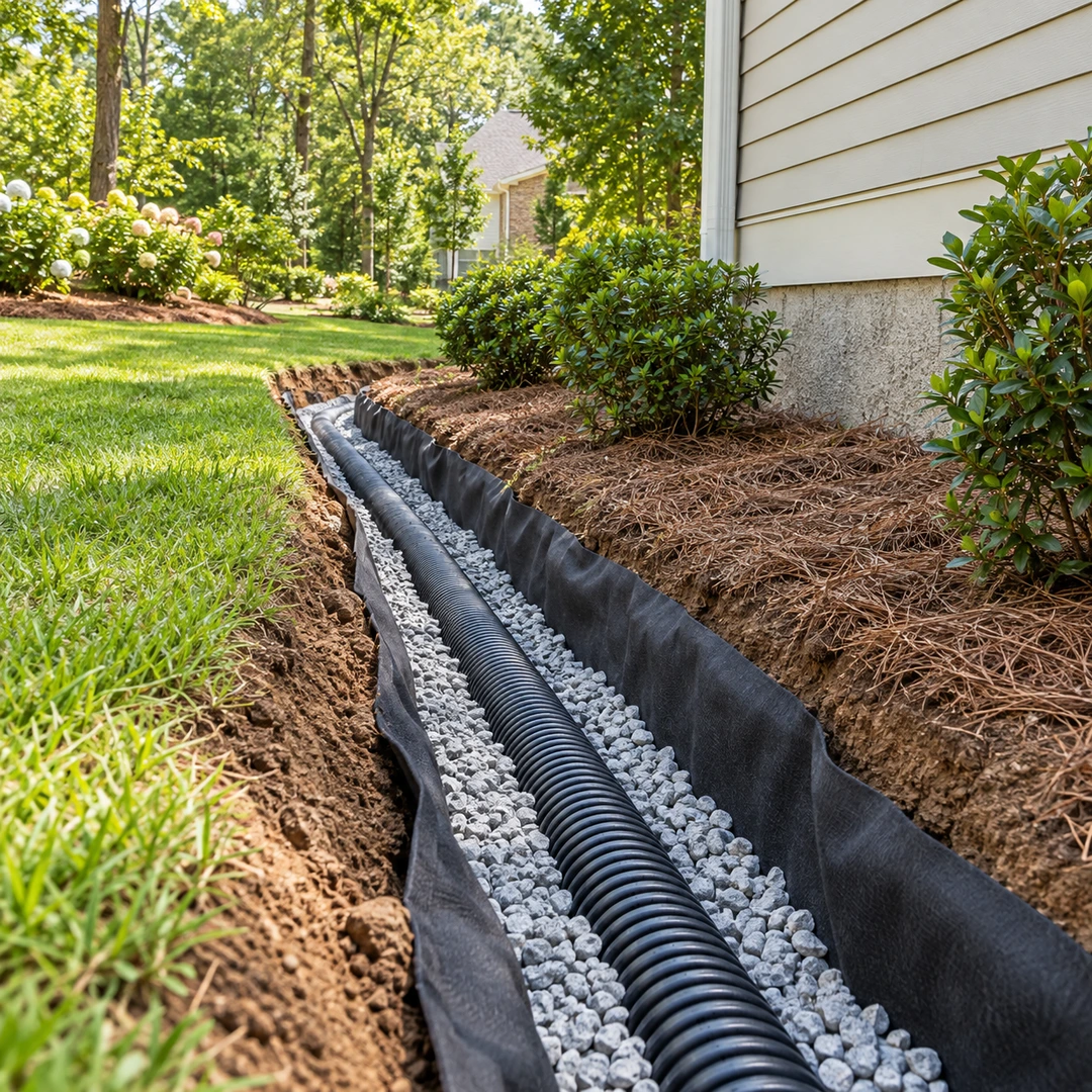Exterior drainage trench with pipe on gravel and filter fabric