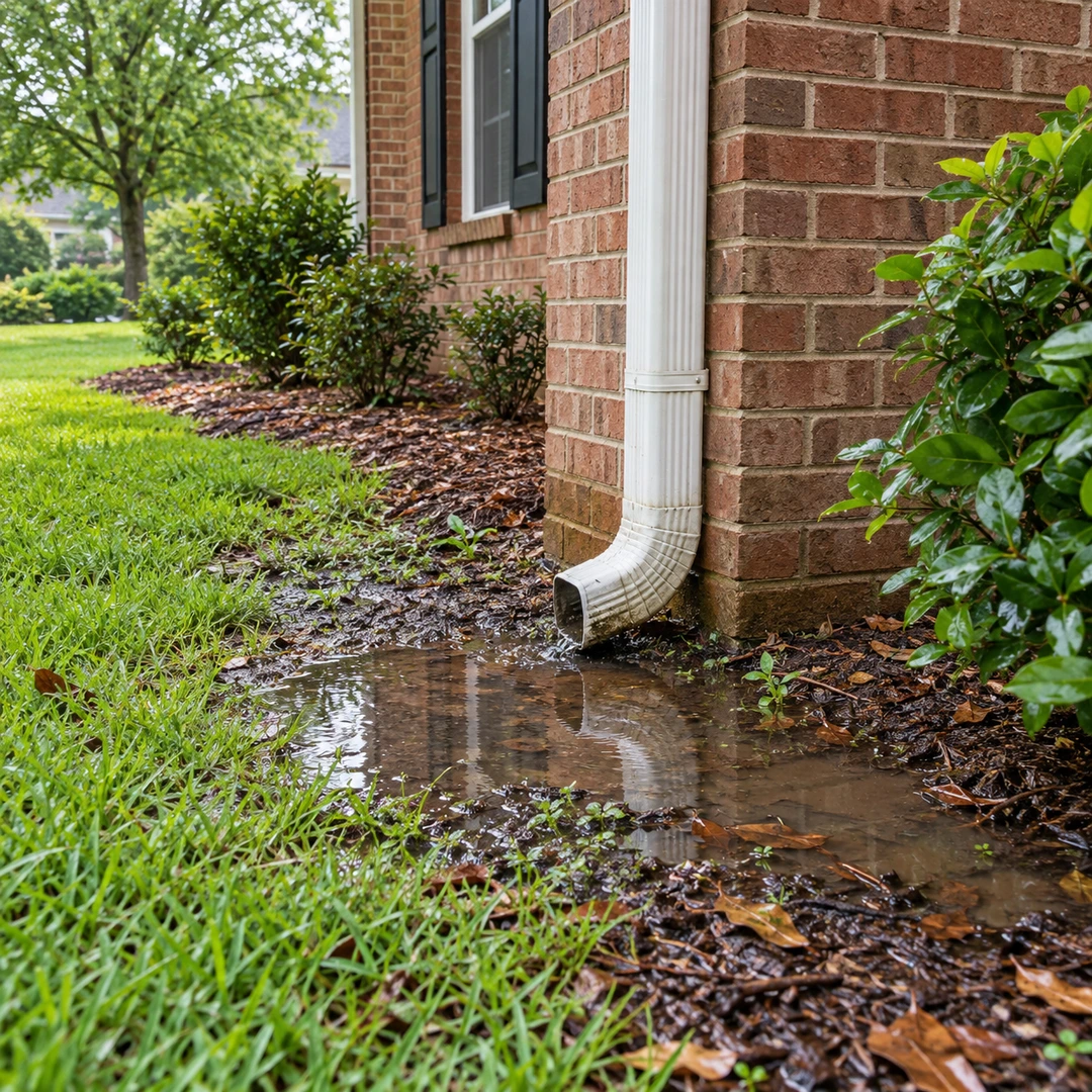Rainwater pooling beside a downspout and brick house