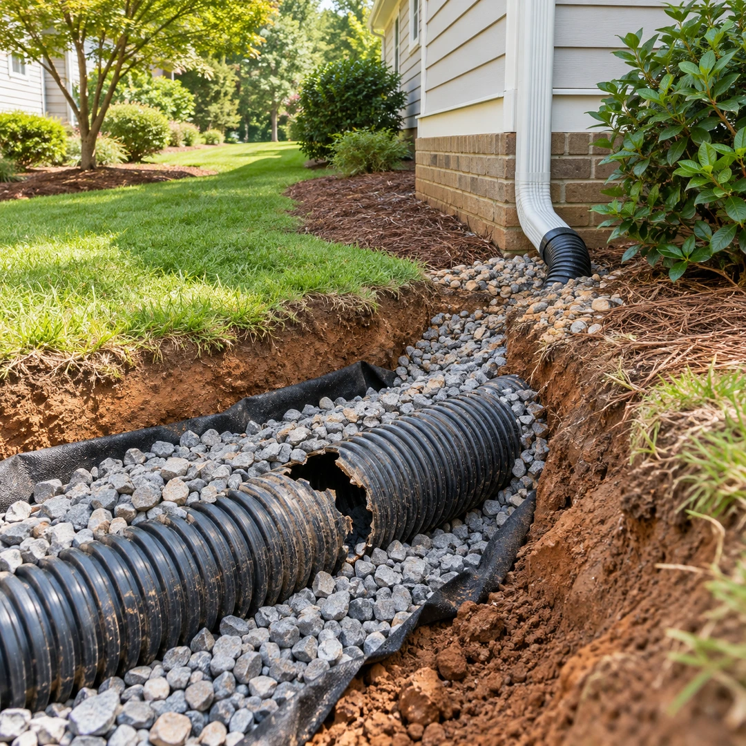 Damaged corrugated drain pipe exposed in a gravel trench