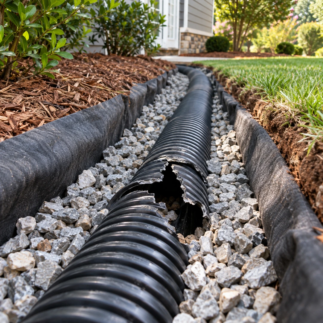 Split drain pipe in gravel with intact continuation