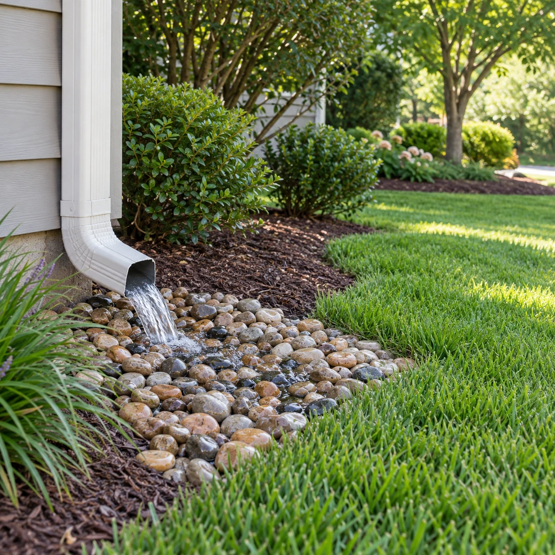 Intact downspout outlet flowing onto a stone splash bed