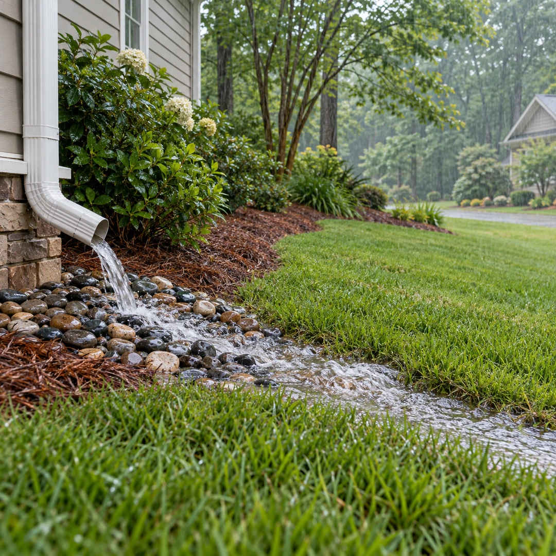 Rainwater flowing onto stones and away across lawn