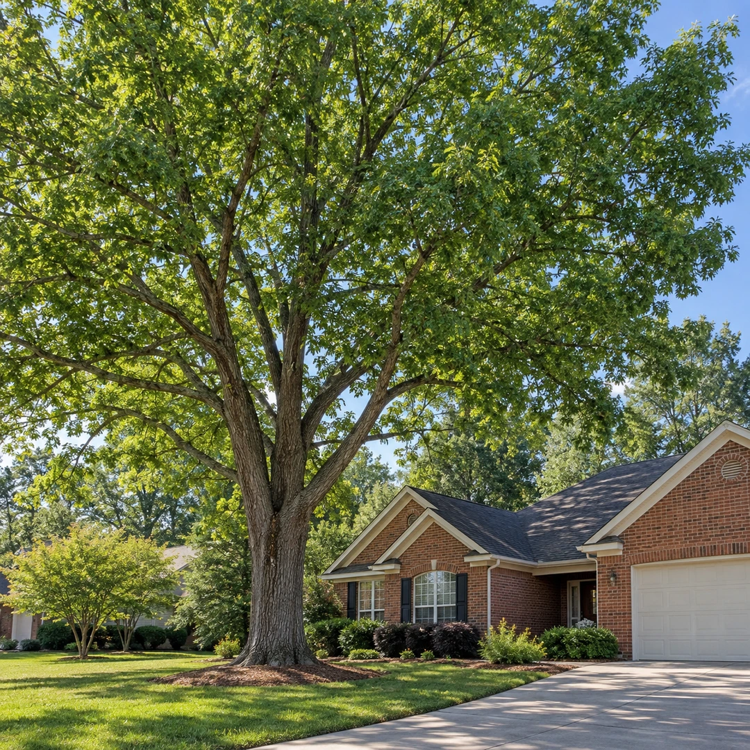 Mature shade tree beside a brick house and driveway