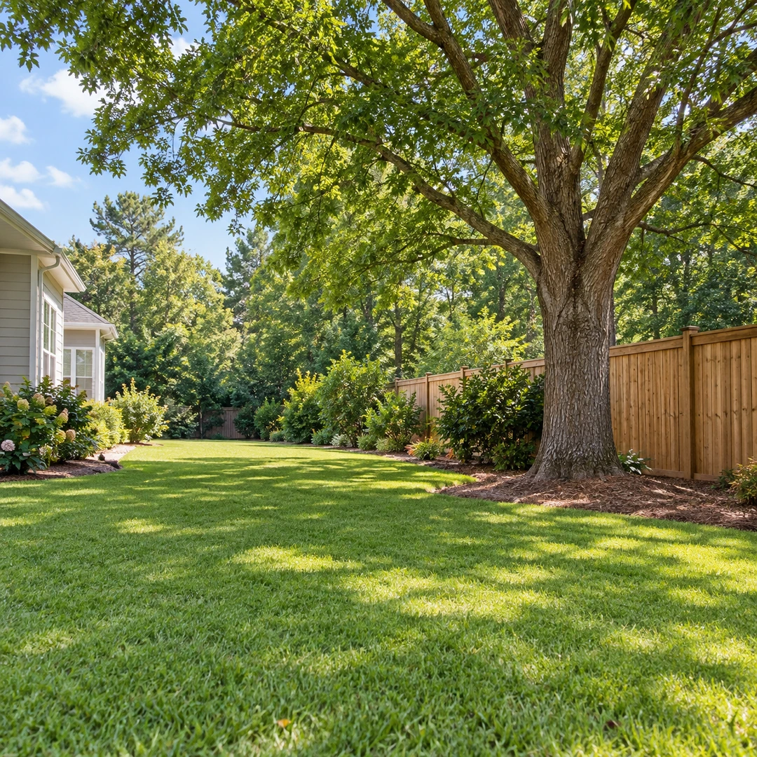 Mature tree near a wooden fence with clear grass access