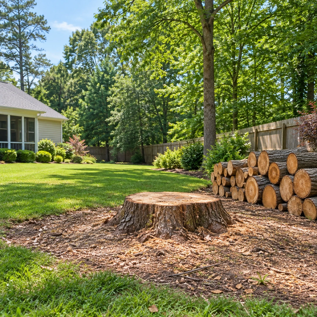 Cleared tree area with a low stump and tidy log stack