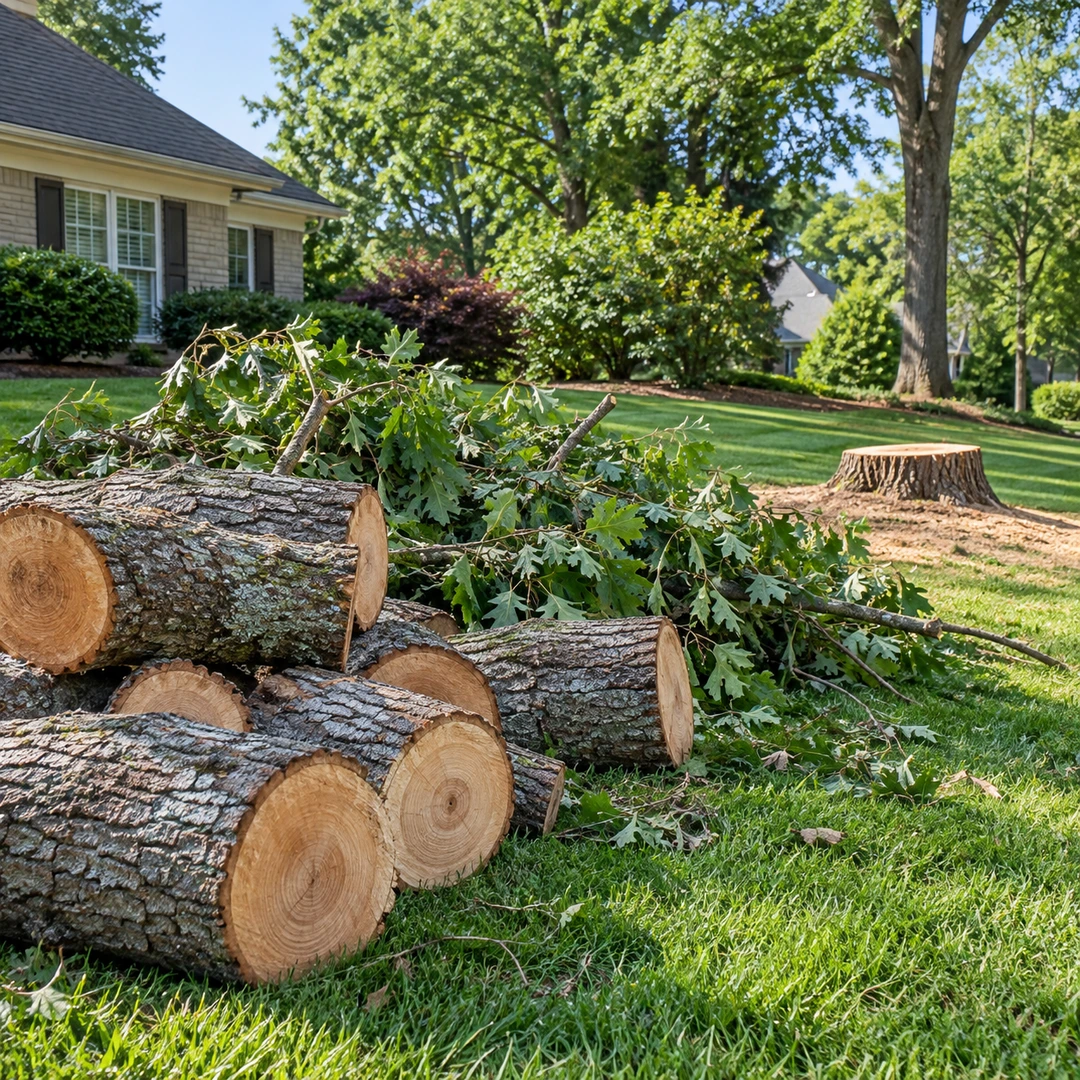 Trunk rounds and leafy branches grouped after tree removal