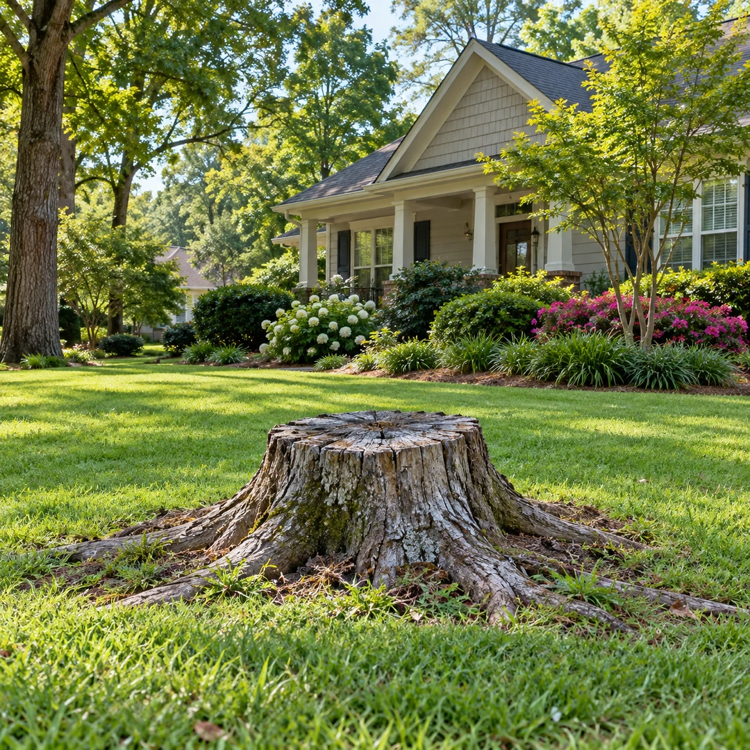 Weathered stump with natural roots in an open lawn