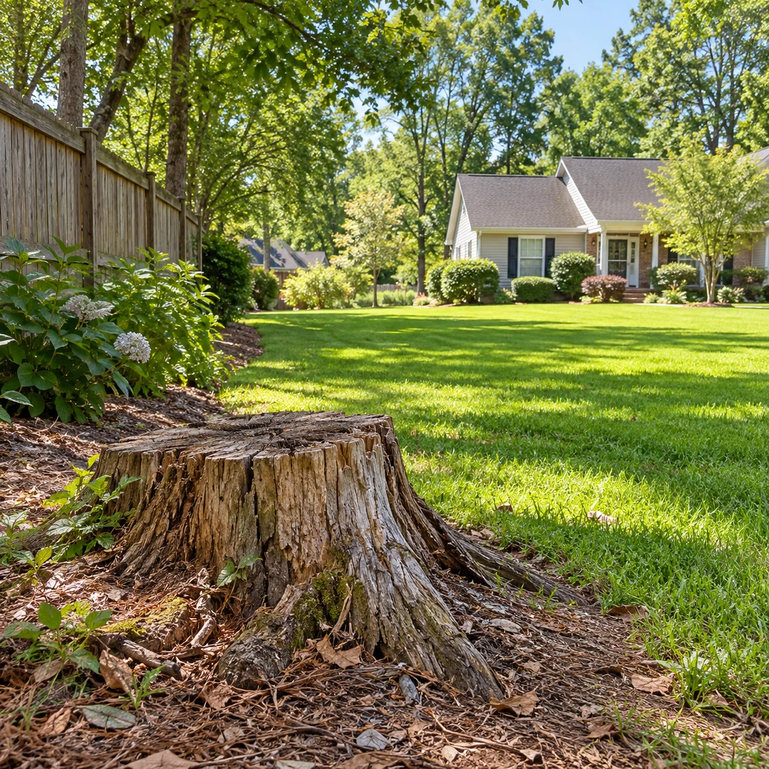 Weathered low stump near a fence with broad grass access