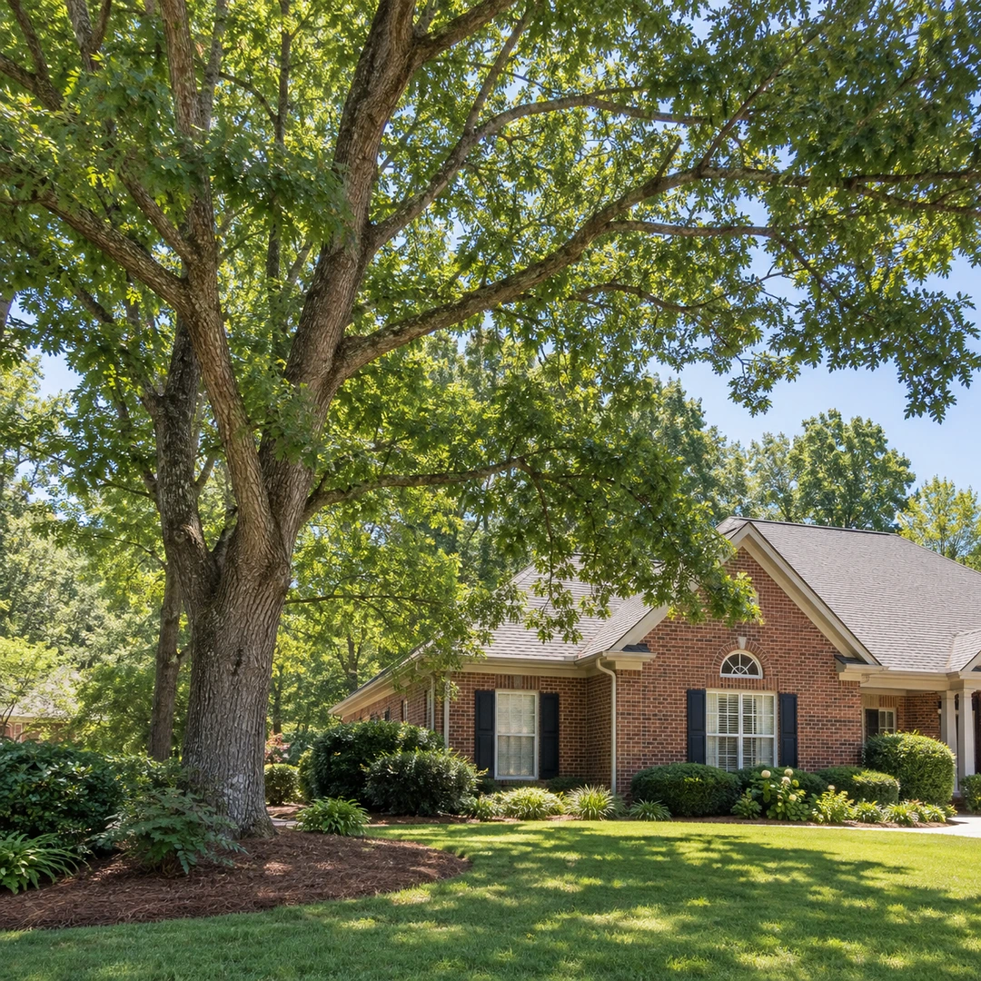 Healthy mature shade tree with an intact canopy near a house