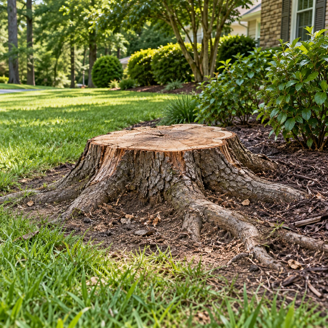 Low cut stump with natural roots at a lawn edge