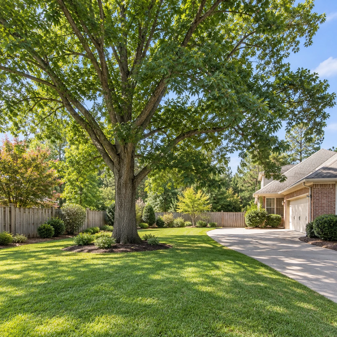 Mature tree beside a driveway with clear pruning access