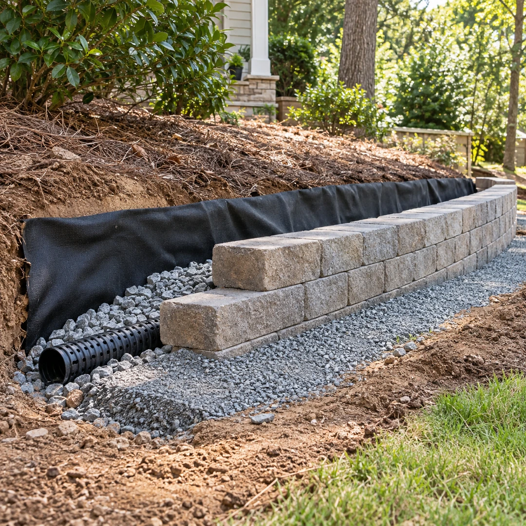 Small wall construction with gravel base and drainage pipe