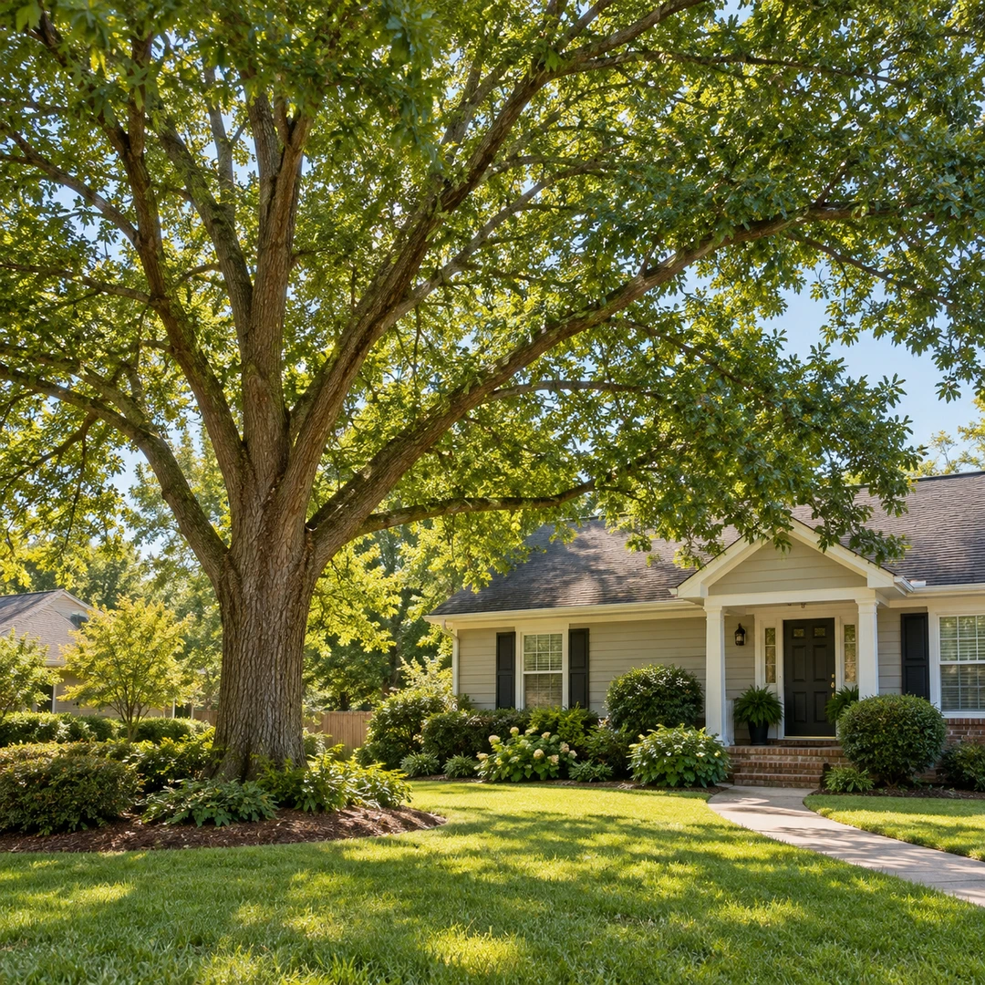 Retained shade tree beside a residential lawn path