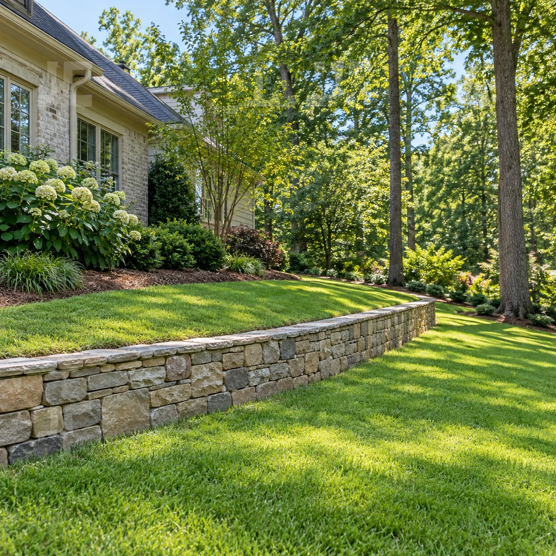 Low stone wall along a gentle side lawn slope