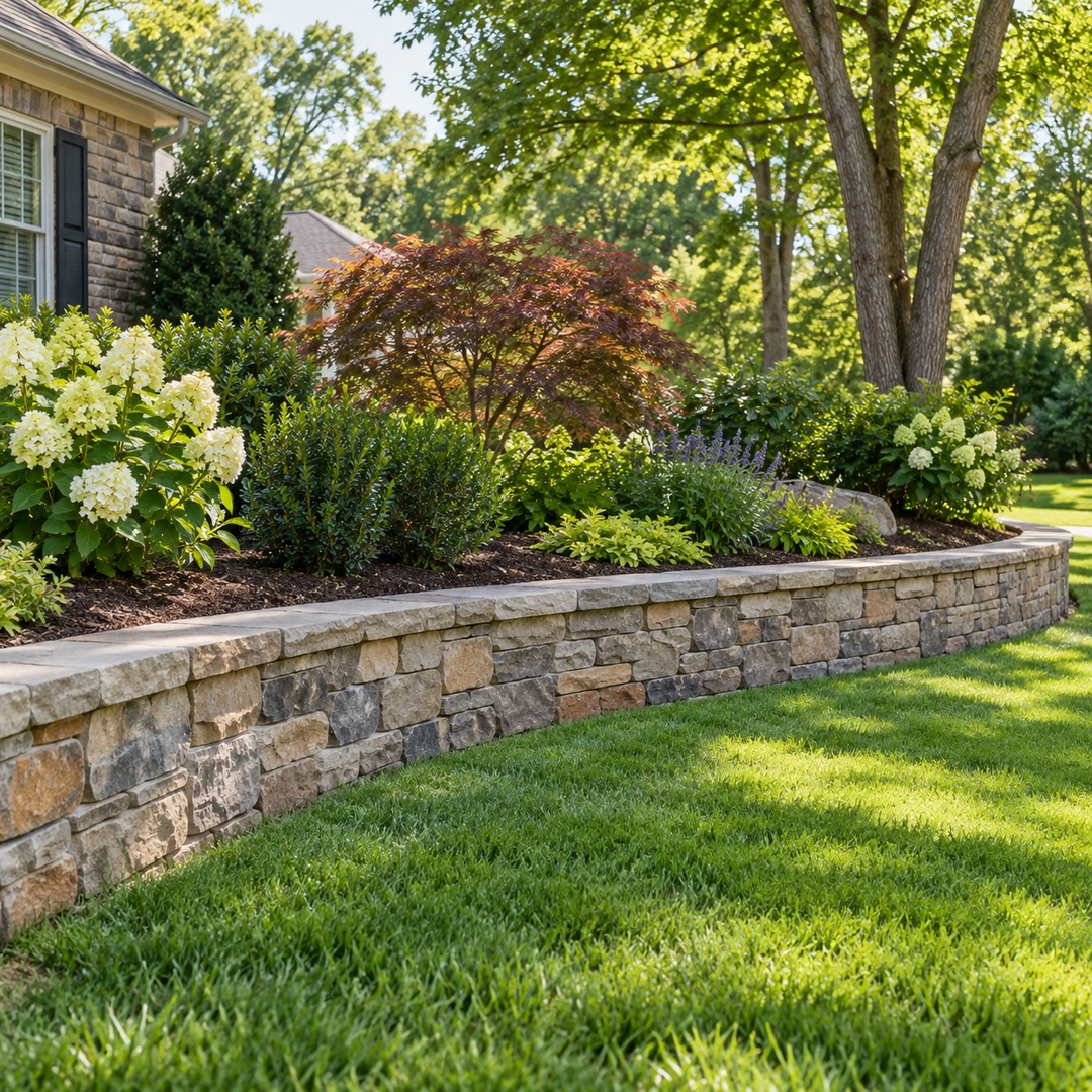 Short curved retaining wall supporting a planted garden